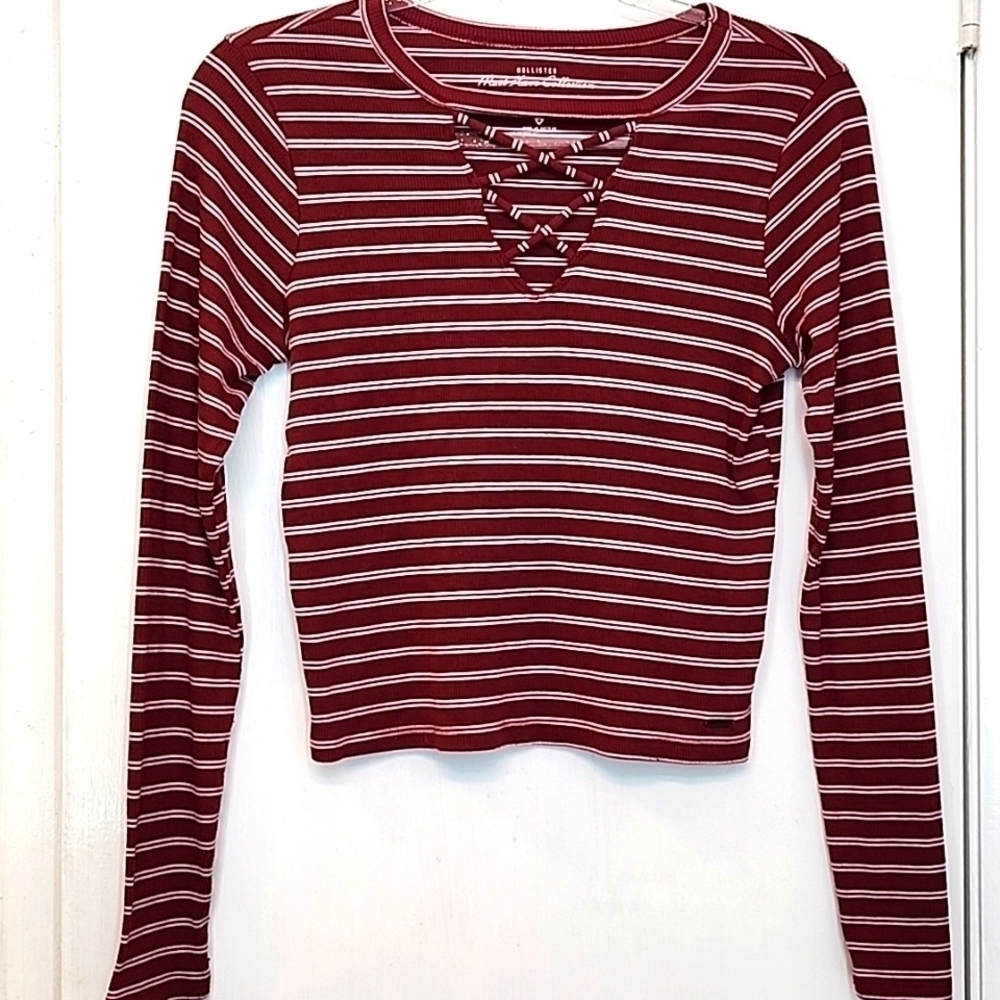 Hollister criss-cross cut out long sleeve striped top,
